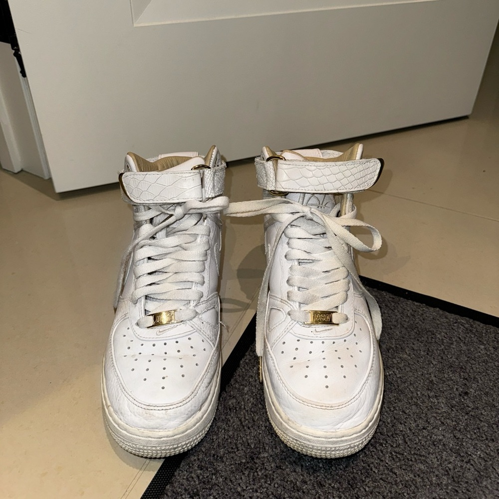 Just Don High Top Air Force 1’s / White Leather + Gold Accents / US-Y6.5 EU39